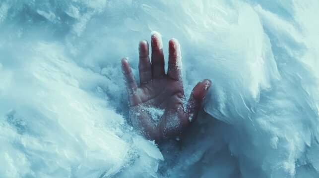 A lone hand breaks through the snow’s surface, a silent cry for rescue amid the avalanche.

