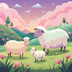 Charming Sheep Gathering in a Whimsical Sunset Meadow with Pink Flowers and Gentle Hills


