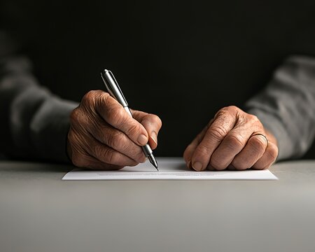 Elderly Hands Signing Document for Desk.