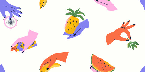 Fototapeta premium Quirky summer pattern with hands holding fruit. Print texture with dragon fruit, banana, watermelon, pineapple. Vector seamless illustration.