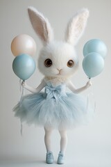 Obraz premium A soft rabbit ballerina in a light blue tutu and shoes stands on a white background, holding pastel balloons. Her fluffy white fur, large brown eyes, and playful expression evoke a whimsical, dreamy