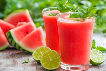 Two glasses of vibrant watermelon lime drinks are chilled and garnished with fresh mint, surrounded by watermelon slices and lime halves on a rustic wooden table