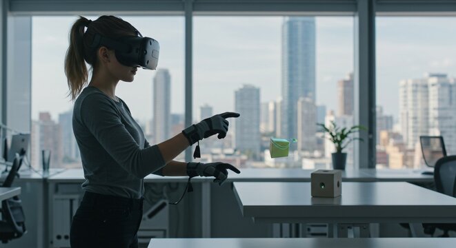 Woman wearing vr glasses working in virtual reality, creating digital object, interacting with hologram, futuristic, innovative technology and metaverse concept
