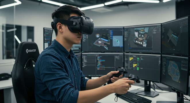 Man using virtual reality headset to design 3d model, interacting with code and graphics across multiple monitors in technology workplace, innovative development.