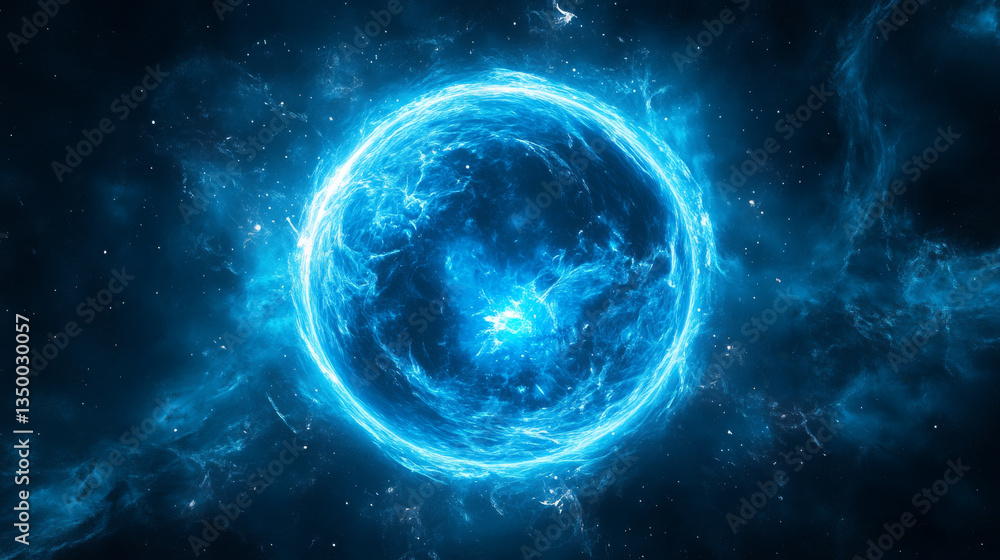 Poster blue planet ring neon light effect with circle line sparkle. digital energy twirl with magic flare e