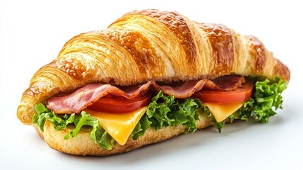 Croissant sandwich with ham, cheese, tomato and lettuce on white background