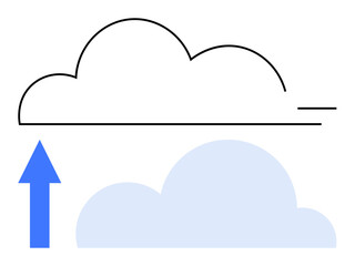 Cloud outline above blue arrow pointing upward, symbolizing data upload or transfer. Ideal for technology, data storage, cloud computing, file sharing, IT systems, networking, flat simple metaphor