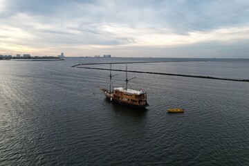 Aerial view of a pinisi boat at Ancol Beach, Jakarta