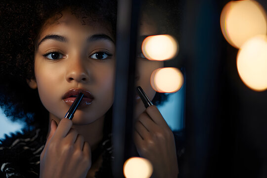 androgynous teenager applying black lipstick while recording content for social media with gothic décor