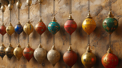 Wall adorned with many colorful ornaments featuring vintage pendulum designs creating a unique and artistic decorative display.
