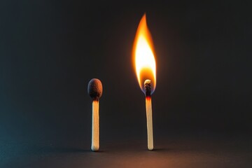 One lit match beside an unused matchstick showing contrasting states