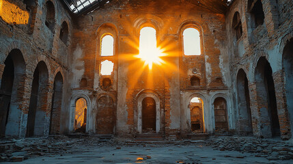 Captivating sun setting behind a weathered facade of a mystical ruin bathed in golden hour glow and dramatic sky.