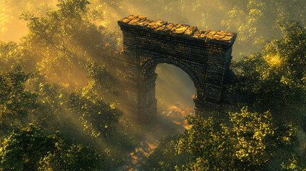 Enchanted wooden bridge nestled amongst lush green woods bathed in the warm glow of the golden hour sunlight.