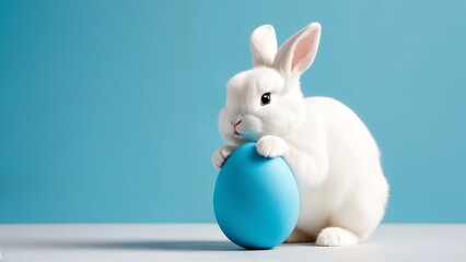 Fototapeta premium A white rabbit sitting on top of a blue ball.