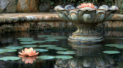 Stunning fountain adorned with graceful water lilies in a whimsical garden at twilight with a reflective surface.