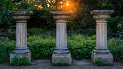 Majestic stone pillars standing tall in a whimsical garden surrounded by vibrant flora under a soft twilight sky.