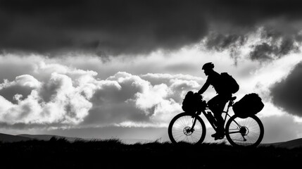 Obraz premium Silhouette of Adventurous Biker on Bicycle with Stunning Background and Gear Bag Amidst Beautiful Cloudscape