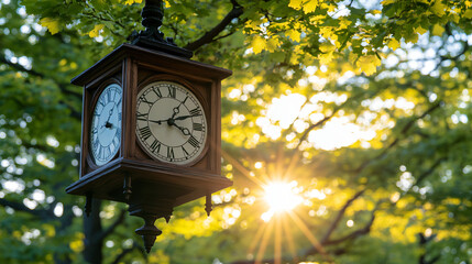 Unique wooden clock hanging from a tree branch bathed in subtle sparkle and soft twilight glow.