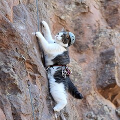 Feline Climber Ascends Rocky Face.