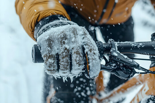 cyclist wearing thick mittens over cycling gloves gripping frost-covered brake levers on fat-tire bik