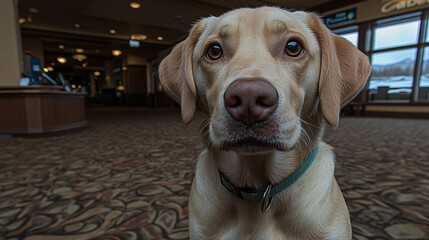 Playful dog sitting happily in a cozy pet-friendly hotel lobby bathed in soft light creating a welcoming atmosphere.
