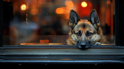 Calm and well-behaved dog gazing out the window in a cafe surrounded by natural light creating a peaceful atmosphere.