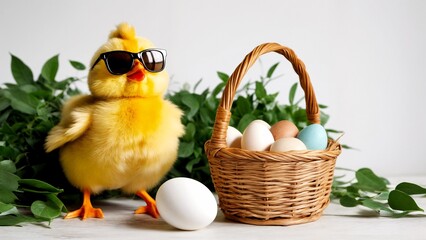 A small yellow chicken wearing sunglasses next to a basket of eggs.