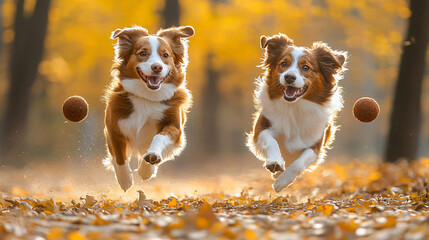 Two energetic dogs running freely through a lush forest with sunlight filtering through the trees creating a joyful atmosphere.