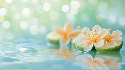 Fototapeta premium Flowers floating gently on clear water with a blurred abstract bokeh background