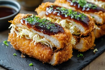 Delectable Katsu Sando: Japanese Fast Food Sandwiches with Tonkatsu Sauce & Cabbage on Slate Board