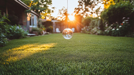 Enchanting bubble floating delicately above lush green grass in a dreamy ethereal landscape capturing whimsy and nature's beauty.