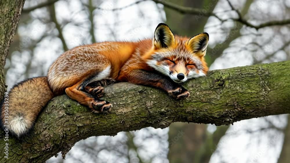 Poster Fox resting peacefully on a tree branch during a cool day in a serene forest setting