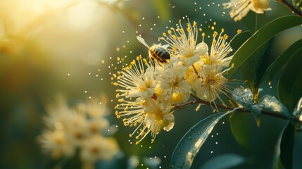 Bee Pollinating Beautiful Blossoms in Soft Natural Light Outdoors