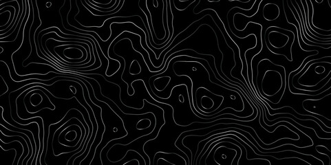Fototapeta premium Stylish Dark Terrain Mapping Wavy Line Contour Background. Flowing Contour Lines on Black Modern Topo Aesthetic