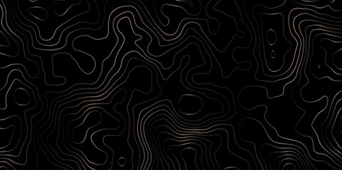 Stylish Dark Terrain Mapping Wavy Line Contour Background. Flowing Contour Lines on Black Modern Topo Aesthetic