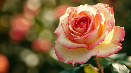 Beautiful Pink and Yellow Rose Blossom in Sunny Garden Setting