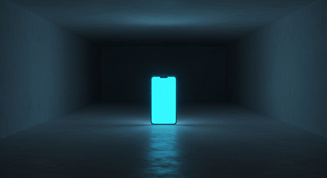 A glowing phone in the center of a vast, empty room with no other objects around