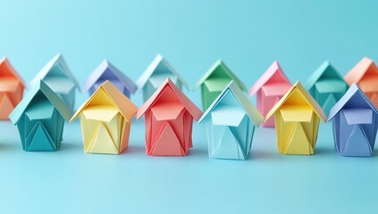Colorful origami houses arranged in rows on the table, each house is made of colorful paper