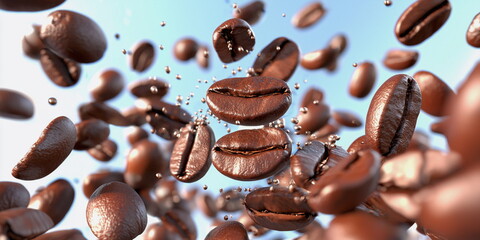 Obraz premium Coffee beans fly beautifully in the air. Macro coffee on the background of the sky