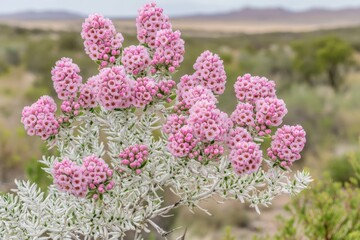 Delicate pink flower clusters on silvery foliage, set against a blurred desert backdrop