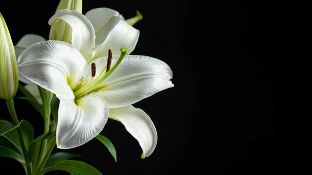 Beautiful white lily blossom showcasing delicate petals and vibrant green leaves on a black background in a serene setting