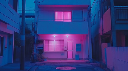 Enchanting street scene illuminated by pink light creating a whimsical urban glow in the bustling neon-radiant night cityscape.