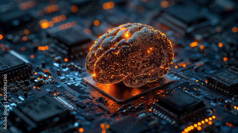 Poster a glowing brain on top of an electronic circuit board, symbolizing the concept of artificial intelli