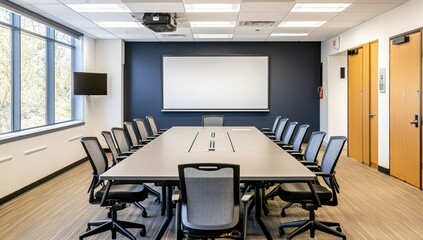 Modern conference room with a large table and chairs, projection screen, and windows