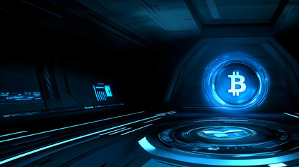 Glowing Coin Floating in Blockchain Environment with Digital Effects