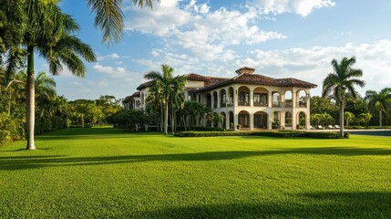 A large mansion sits amongst lush green grass and palms