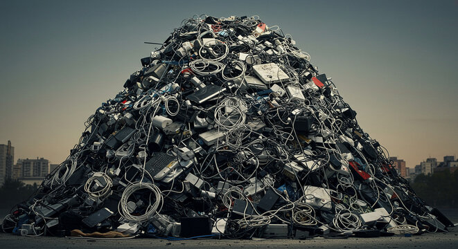 A mountain of discarded electronics, such as smartphones, laptops, and chargers, with tangled cords spilling out