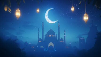 Fototapeta premium Mosque with Minarets and Crescent Moon Lit in Vibrant Night Sky Amid Hanging Lanterns for Eid Celebration - Eid Mubarak 2025 Islamic Festive Banner 4K Background Download