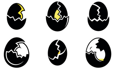 Six stylized, black and yellow icons of broken eggs.