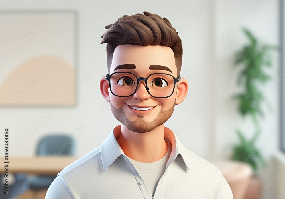 Poster friendly animated character with glasses smiling in a modern office setting
